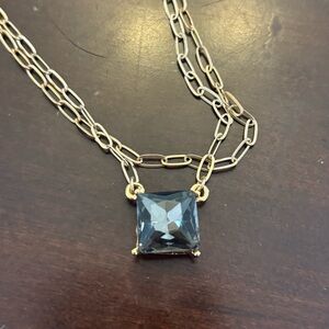Gold Chain Necklace with Square Blue-Grey Gem